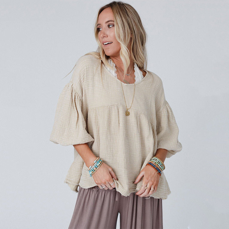 women's loose puff sleeve pullover top - MRSLM