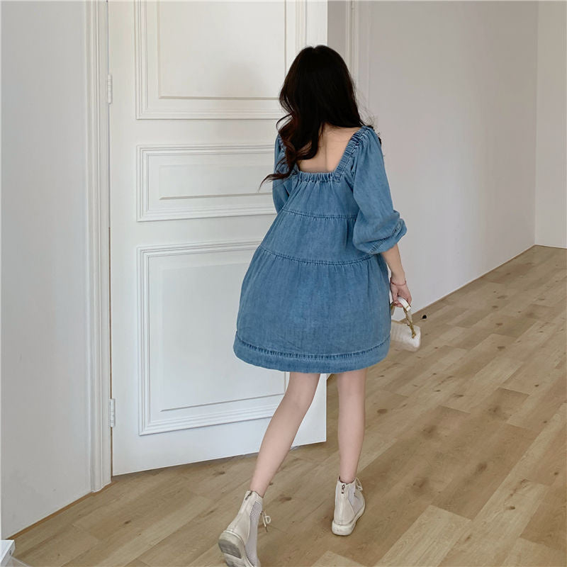 blue square collar denim dress, view 2 - MRSLM