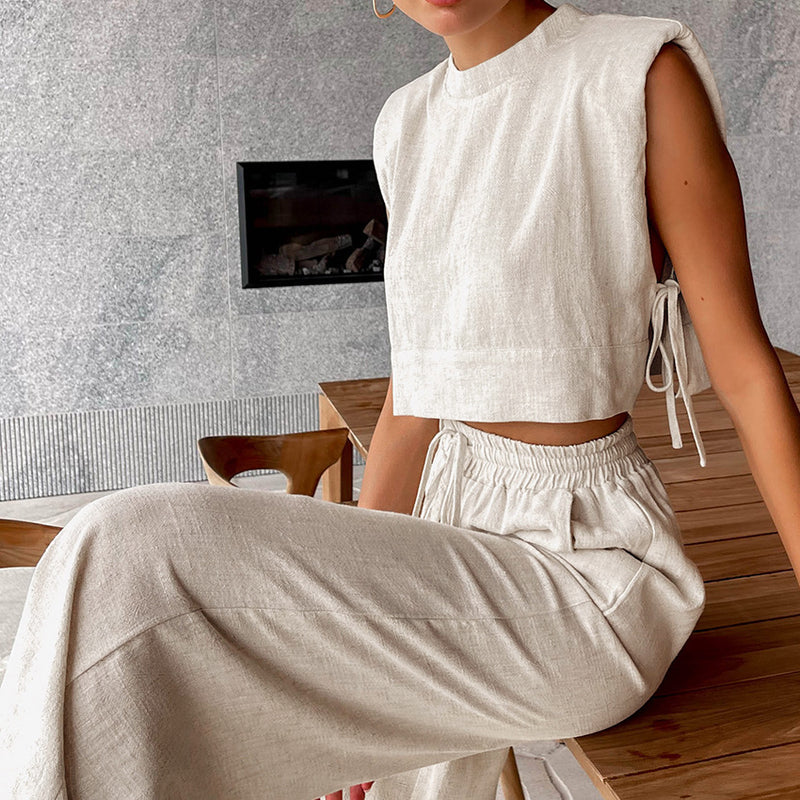 women's cotton linen sleeveless top and trousers set - MRSLM