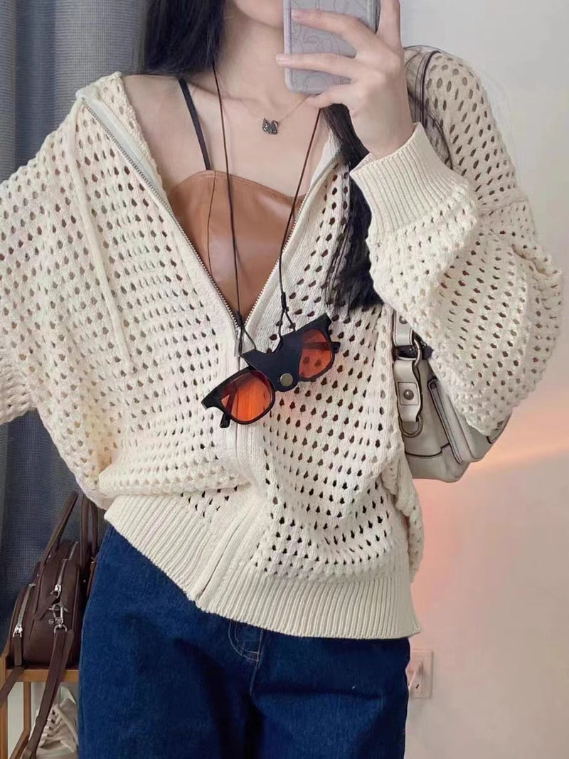 women's hollow-out hooded knit cardigan, view 5 - MRSLM