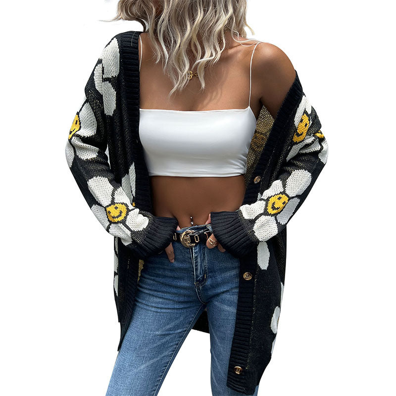 flower long sleeve knit cardigan black, view 5 - MRSLM