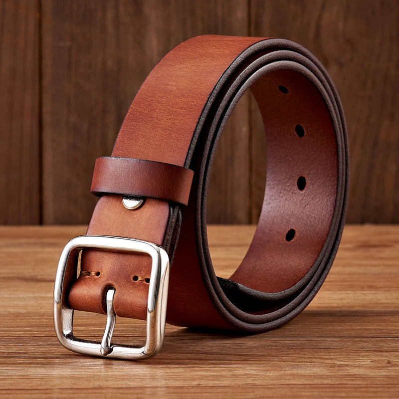 men's vintage genuine leather belt stainless steel buckle, view 4 - MRSLM