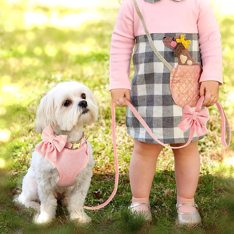 Adjustable bowknot dog collar, harness and leash set, view 7 - MRSLM