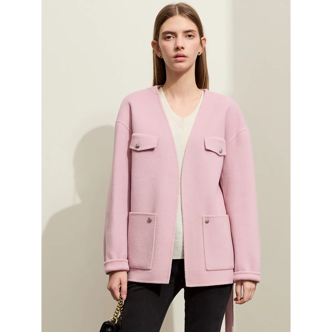 Elegant Full Coat for Women - V-neck Thermal Jacket with Belt