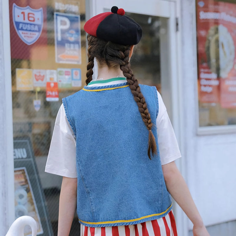 Denim vest jacket with cartoon graphic, view 6 - MRSLM