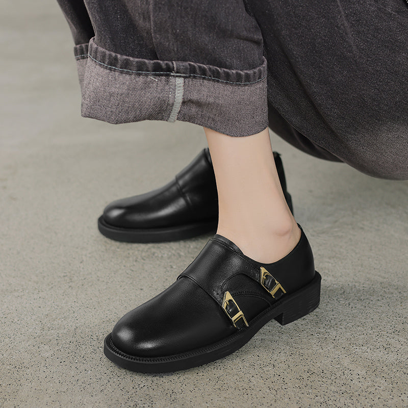 Vintage Women's Cowhide Leather Low Heel Slip-On Shoes