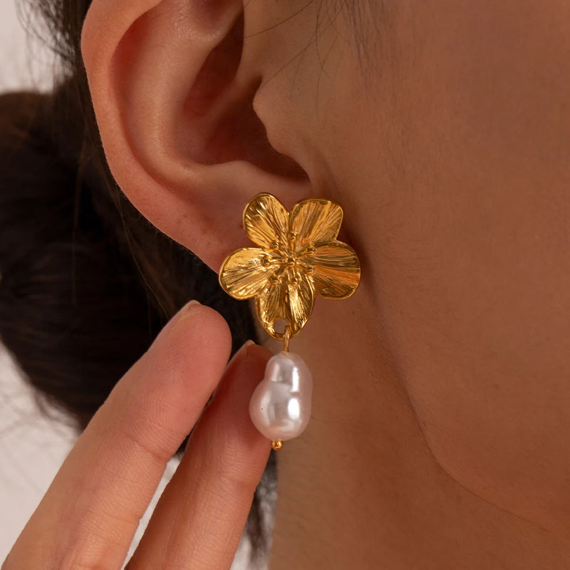 Floral pearl drop earrings, view 3 - MRSLM