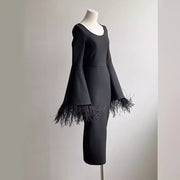flared sleeve black dress, view 4 - MRSLM