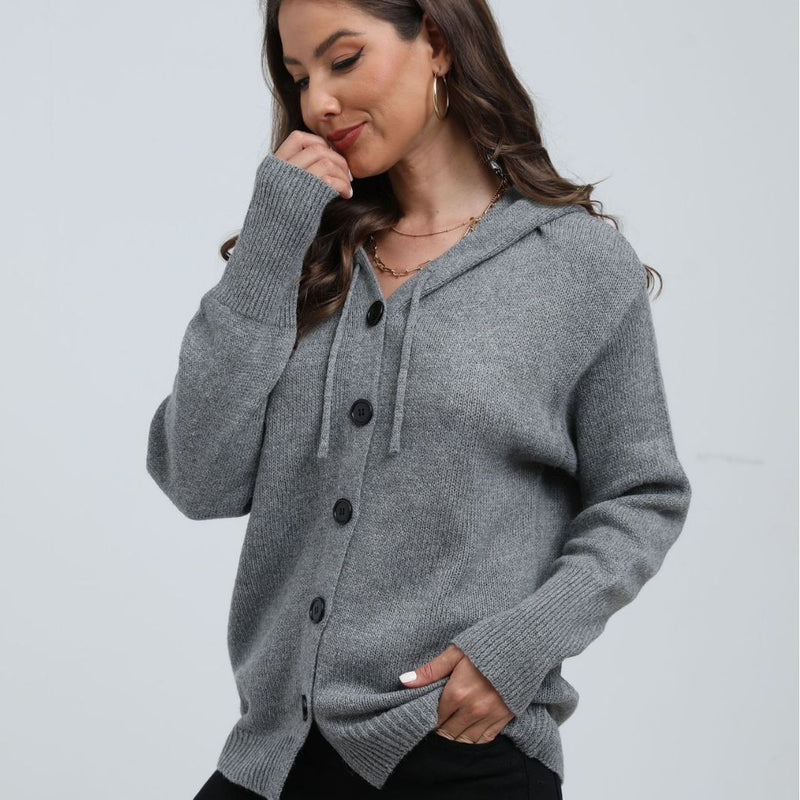 women's hooded single-breasted knit sweater, view 4 - MRSLM