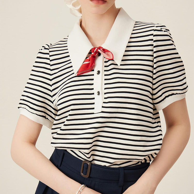 striped polo-neck puff sleeve tee, view 3 - MRSLM