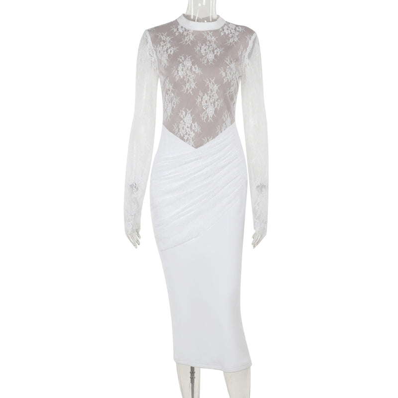 white slim lace long sleeve dress, view 6 - MRSLM