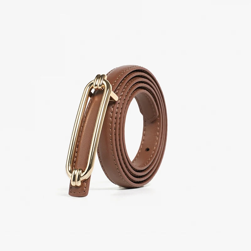 women's skinny leather belt with gold buckle, view 4 - MRSLM