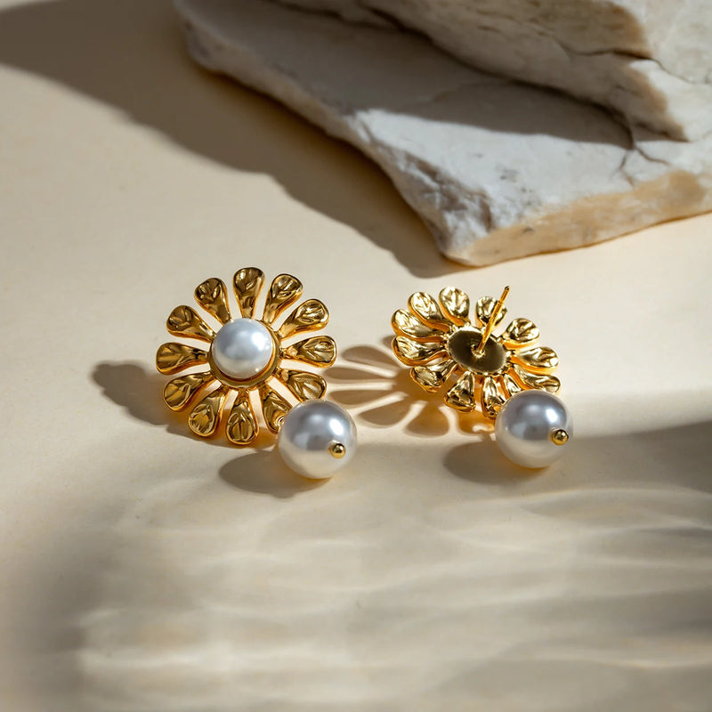 18k gold plated sunflower pearl earrings, view 4 - MRSLM