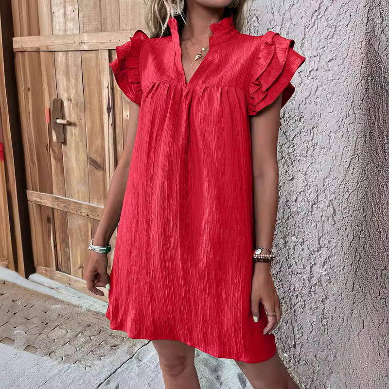 ruffle sleeve v-neck dress, view 2 - MRSLM