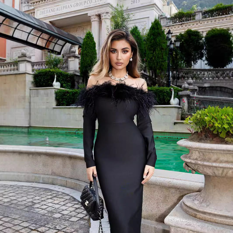 fur collar bandage dress, view 2 - MRSLM