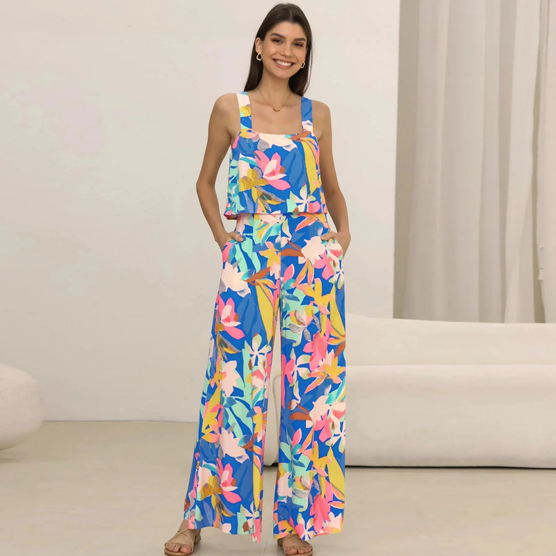 Chic Paisley Print Wide Leg Jumpsuit with Suspender Top Set - Women's Streetwear