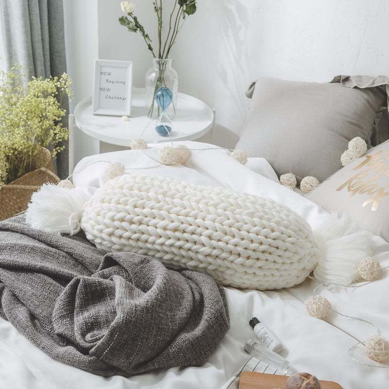 candy shape chunky knit pillow with tassels, view 2 - MRSLM