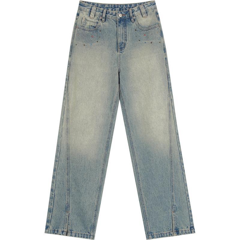 Washed Blue Retro Casual Color Diamond Split Straight Jeans for Women