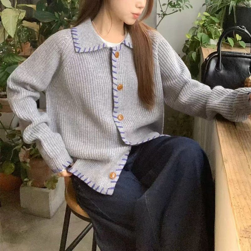 Women's collared cropped knit cardigan, view 3 - MRSLM