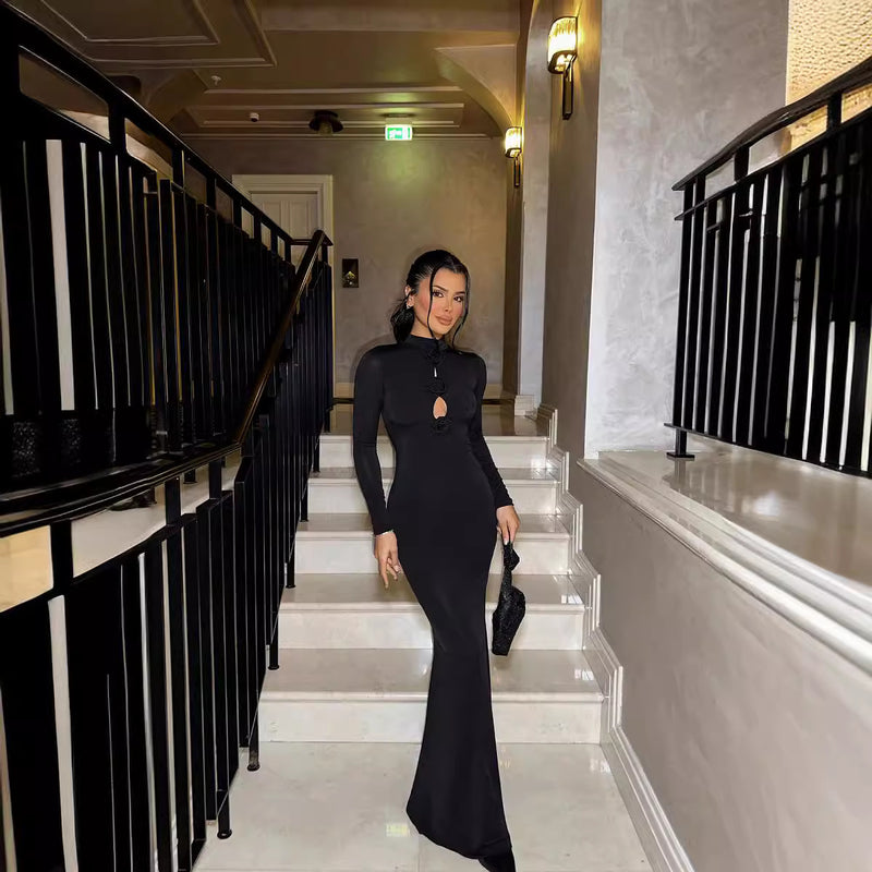 cutout flower long sleeve slim fit dress - MRSLM