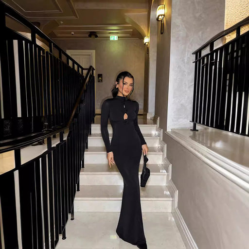 cutout flower long sleeve slim fit dress - MRSLM