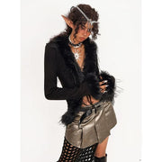faux fur patchwork knit cardigan, view 5 - MRSLM