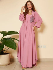 women's long sleeve loose dress with chest applique, view 3 - MRSLM