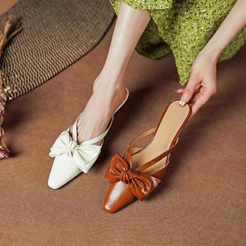 elegant leather mules with bowknot - MRSLM