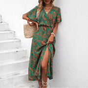 tropical print V-neck split dress, view 3 - MRSLM