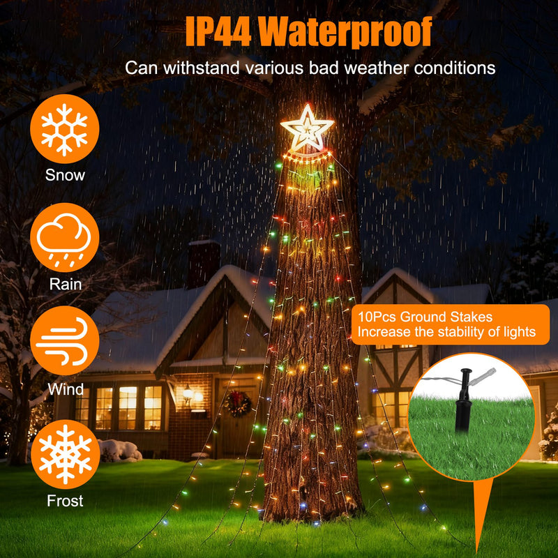 Multicolor waterfall Christmas tree lights with star topper, view 5 - MRSLM
