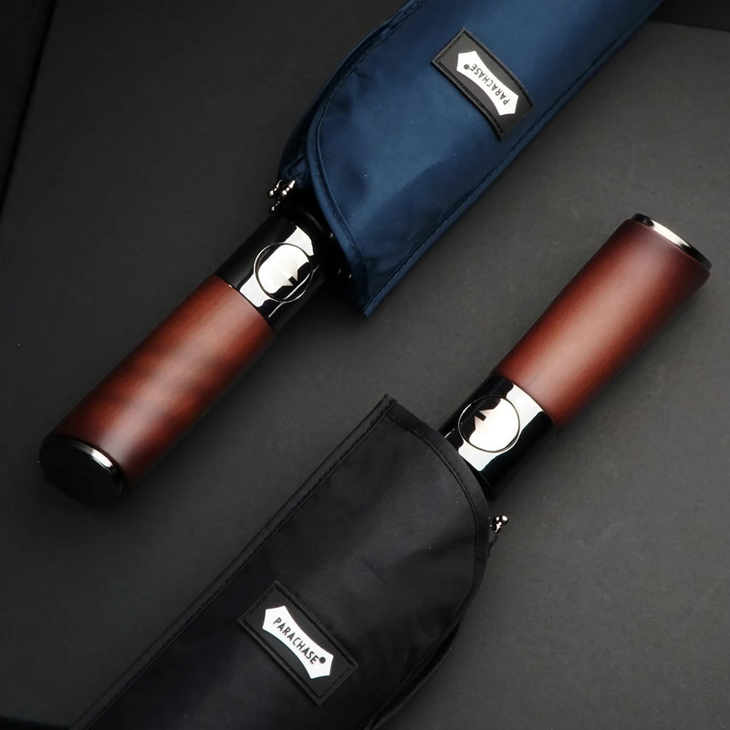automatic folding umbrella with wooden handle, view 7 - MRSLM