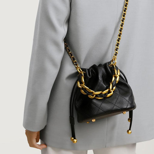 genuine leather quilted drawstring bucket bag - MRSLM