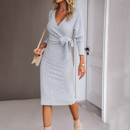 v-neck knitted tied dress, view 3 - MRSLM