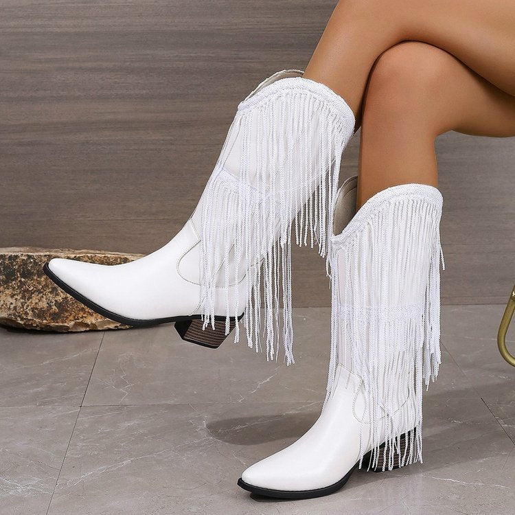 European And American Fashion Middle Fashion Boots Female Retro Chunky Heel Pleated Western Knight