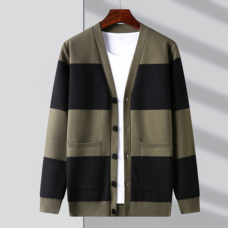 Spring And Autumn Men's Striped Cardigan Single-breasted Long Sleeve Color Matching Casual Sweater Coat