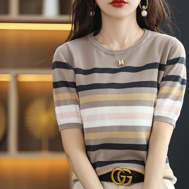 women's striped knit short sleeve top, view 4 - MRSLM