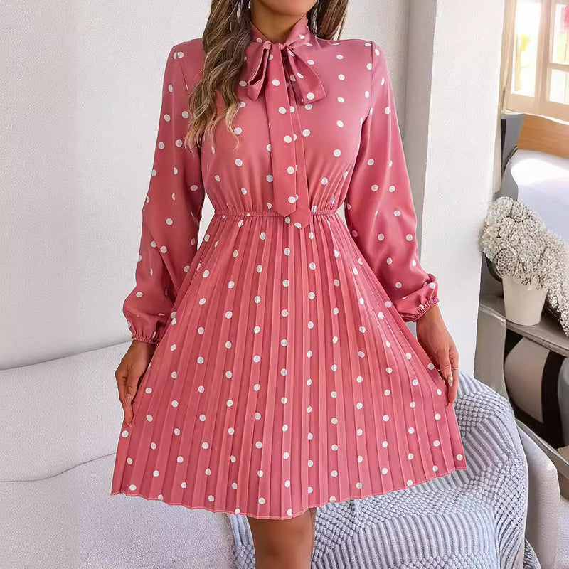 polka dot self-tie long sleeve pleated dress, view 9 - MRSLM