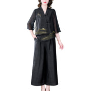 embroidered irregular top and wide-leg pants set, view 2 - MRSLM