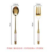 vintage gold ceramic dessert fork and spoon set, view 8 - MRSLM
