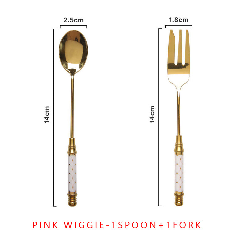 vintage gold ceramic dessert fork and spoon set, view 8 - MRSLM