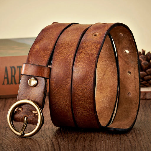 women's 2.5CM leather belt round copper buckle, view 2 - MRSLM