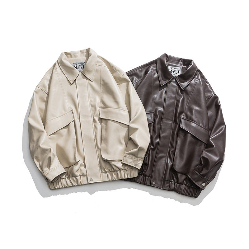 retro lapel pu leather jacket men, view 3 - MRSLM
