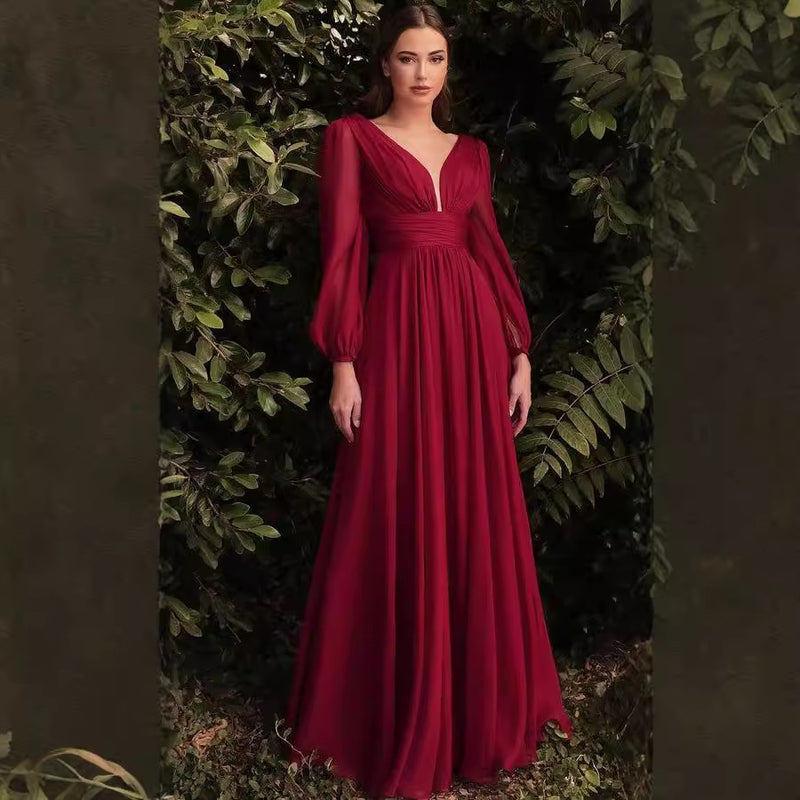 long sleeve chiffon deep V dress, view 2 - MRSLM