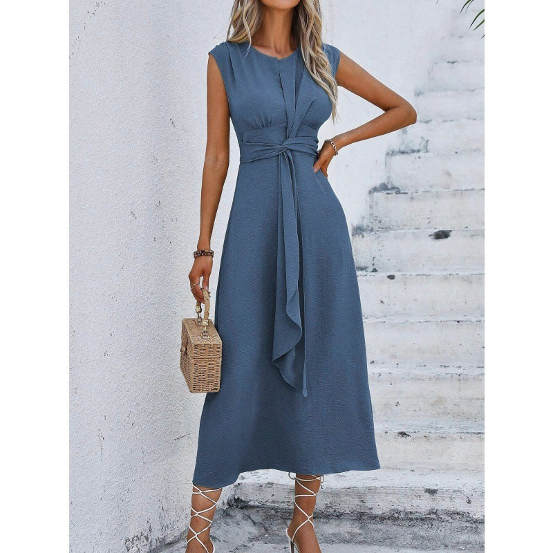 solid color waist tied dress for women, view 8 - MRSLM