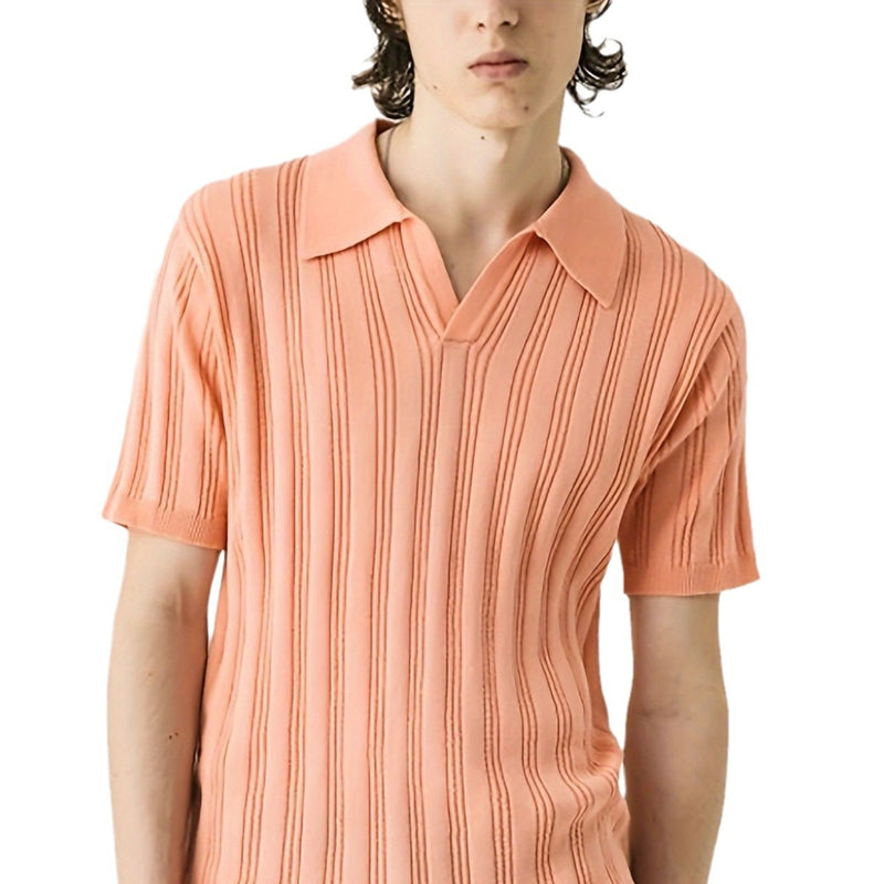 mens lapel solid color knitted short sleeve top, view 5 - MRSLM