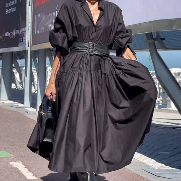 puff sleeve swing dress black, view 4 - MRSLM