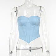 Y2K faux denim tube top with back-tied design, view 5 - MRSLM