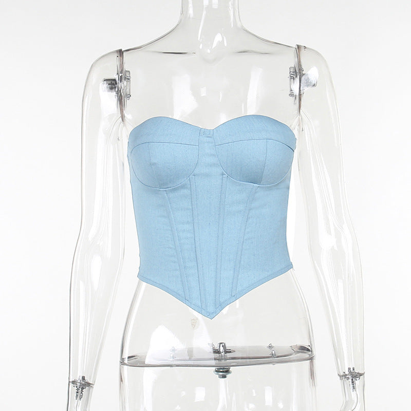 Y2K faux denim tube top with back-tied design, view 5 - MRSLM