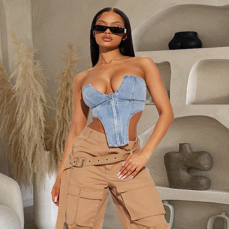 washed denim zipper tube top, view 2 - MRSLM