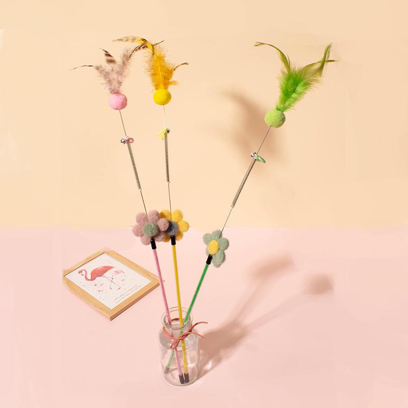 cat teaser toy with furry ball, feathers and bell - MRSLM